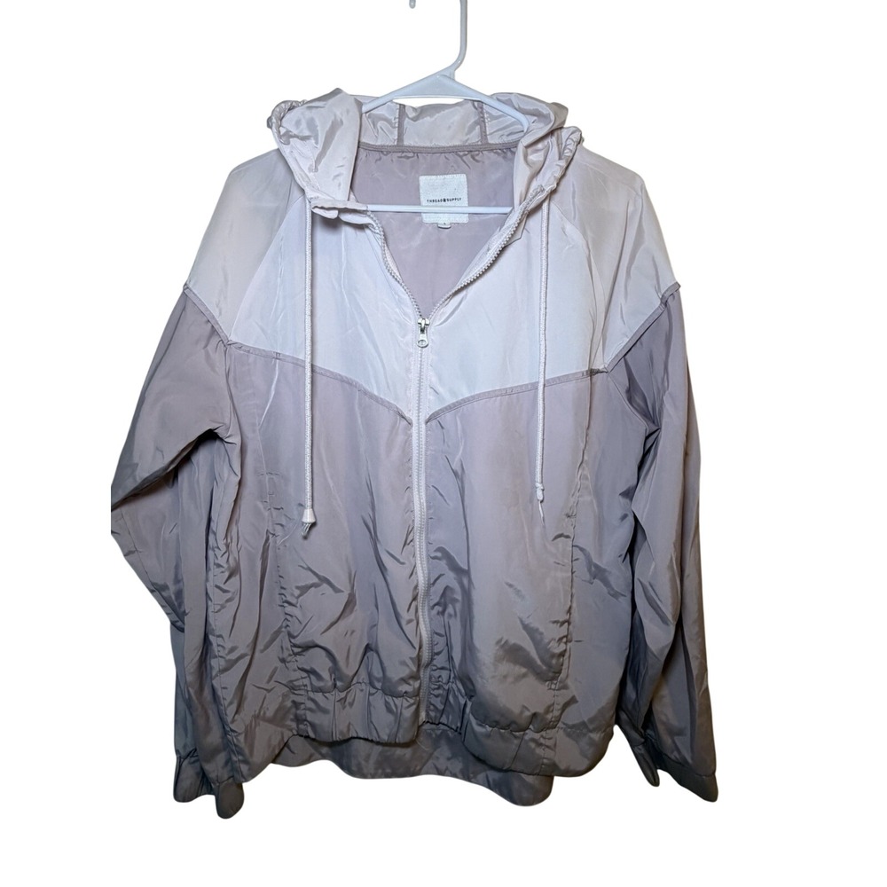 Thread Supply Windbreaker Womens L Pink White Full Zip Pocket Hoodie